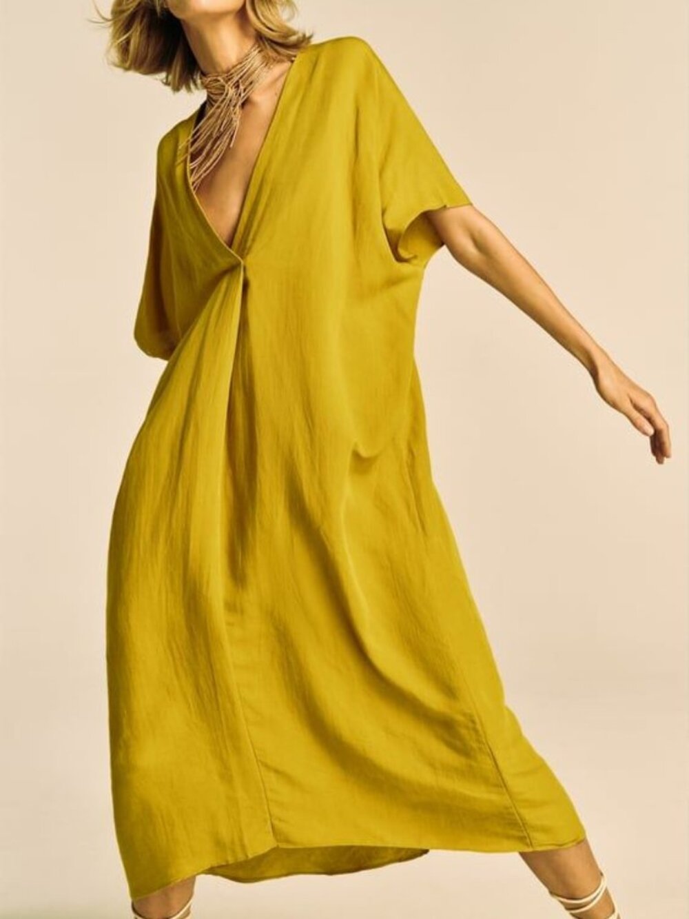 Zara Yellow Linen Blend Kaftan Caftan Midi Dress V Neck Short Sleeve